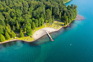 Aerial photo of Cultus Lake in Chilliwack, B.C. while people are enjoying the summer activities at...