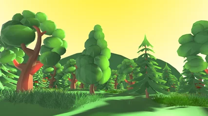 Foto op Canvas Scenic low poly outdoor in green nature forest landscape 3d render Cartoon - 3D illustration rendering © immimagery