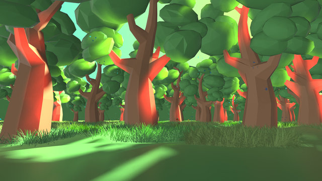 The great outdoors low poly nature environment green forest mountain valley  Cartoon - 3D illustration rendering Stock Illustration | Adobe Stock