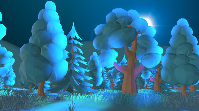 Conceptual low poly 3D illustration night scene of a beautiful nature landscape of a green forest with grass and trees in a mountain valley in the moon light