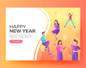 Landing page template or card winter Holidays corporate Party. Merry Christmas and Happy New Year Website with People Characters. people celebrate new year and christmas