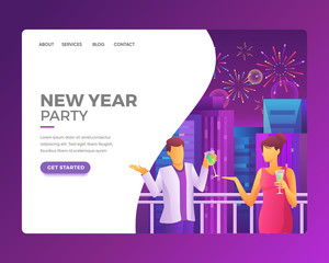 Landing page template or card winter Holidays corporate Party. Merry Christmas and Happy New Year Website with People Characters. Company of young friends or colleagues celebrates