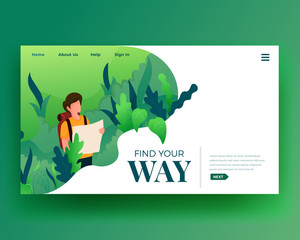 Character Walk at Forest with Backpack. Adventure Outdoor Vacation. Flat Cartoon Vector Illustration suitable for Website Page and Advertisement. Summer Landing Page. Holiday Illustration