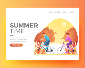 men and women cycling. Vector Cartoon Illustration. Gradient Flat Illustration. Summer Landing Page. Holiday Illustration