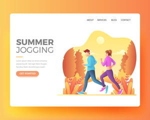 men and women running. Vector Cartoon Illustration. Summer Landing Page. Holiday Illustration