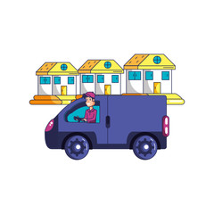 worker delivery service with van vehicle and houses facades