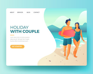 Landing Page in Flat Tropical Style Offering Surfing. Summer Landing Page. Holiday Illustration
