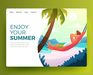 Landing Page in Flat Tropical Style Offering Surfing. relaxing man sleeping on the beach. Vector Cartoon Illustration. Gradient Flat Illustration. Summer Landing Page. Holiday Illustration