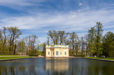 Upper Bath Pavilion in the regular garden of Catherine Palace in the town of Pushkin, Russia.