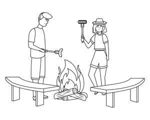Couple of woman and man having picnic design