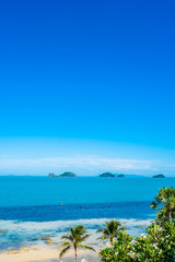 Fototapeta na wymiar Beautiful tropical sea ocean with coconut palm tree on blue sky white cloud