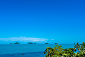 Fototapeta premium Beautiful tropical sea ocean with coconut palm tree on blue sky white cloud