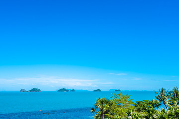 Fototapeta na wymiar Beautiful tropical sea ocean with coconut palm tree on blue sky white cloud
