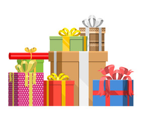 Gift box vector present packs for Christmas or Birthday Party card flat illustration celebration giftbox stack bow object isolated on white background