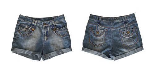 Denim shorts for female isolated on white background, with clipping path. front and back view