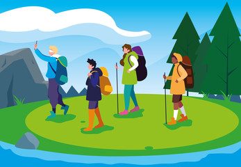 campers walking in beautiful landscape scene