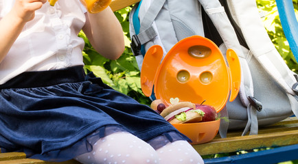 Cute schoolgirl drinking juice outdoors. Healthy Lunches for schoolchildren. Lunch box with sandwiches, fruit and juice. School lunch.