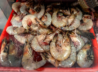 Tray of raw shrimp for sale in a market