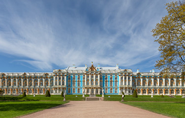 Catherine Palace on the blue sky background, once the summer residence of tsars, located at Pushkin...