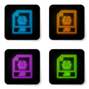 Glowing neon JS file document icon. Download js button icon isolated on white background. JS file symbol. Black square button. Vector Illustration