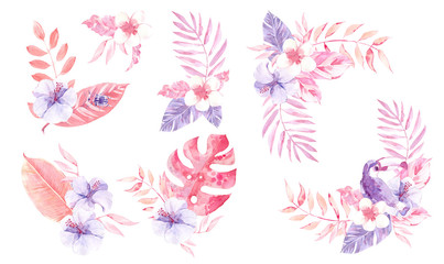 Watercolor tropical compositions with toucan, flowers and leaves.