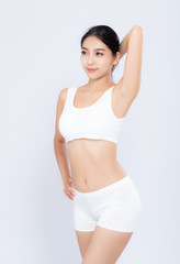 Fototapeta na wymiar Portrait young asian woman smiling beautiful body diet with fit isolated on white background, model girl weight slim with cellulite or calories, health and wellness concept.