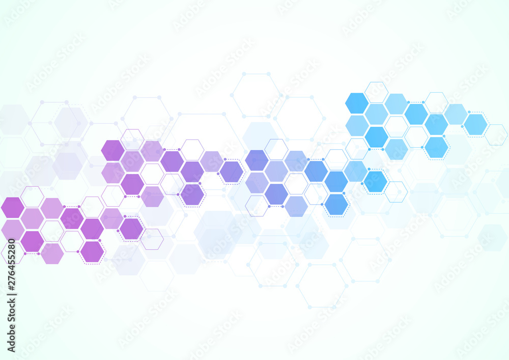 Poster abstract hexagonal molecular structures in technology background and science style. medical design. 