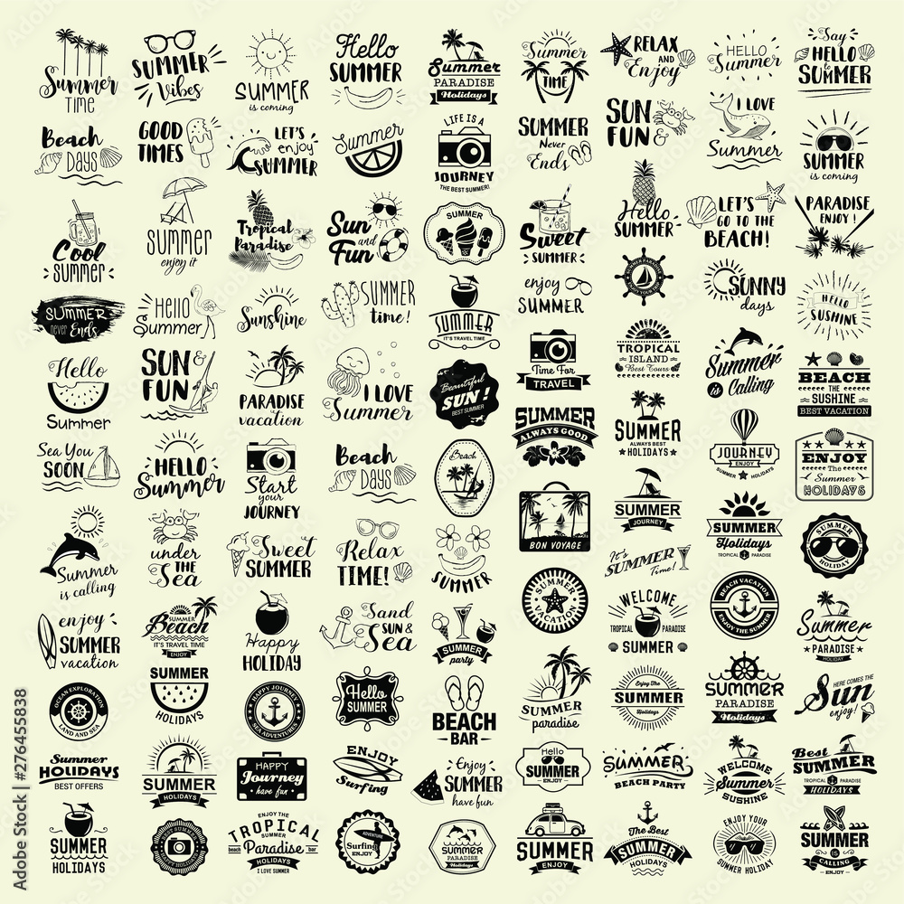 Wall mural collection of 100 summer logotypes set. summer typography, logos, badges, labels, icons and objects.