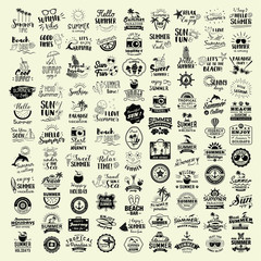 Collection of 100 Summer logotypes set. Summer typography, logos, badges, labels, icons and objects.