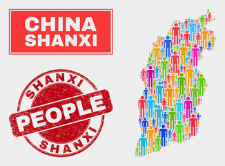 Demographic Shanxi Province map illustration. People bright mosaic Shanxi Province map of persons, and red round dirty seal. Vector collage for nation mass representation.
