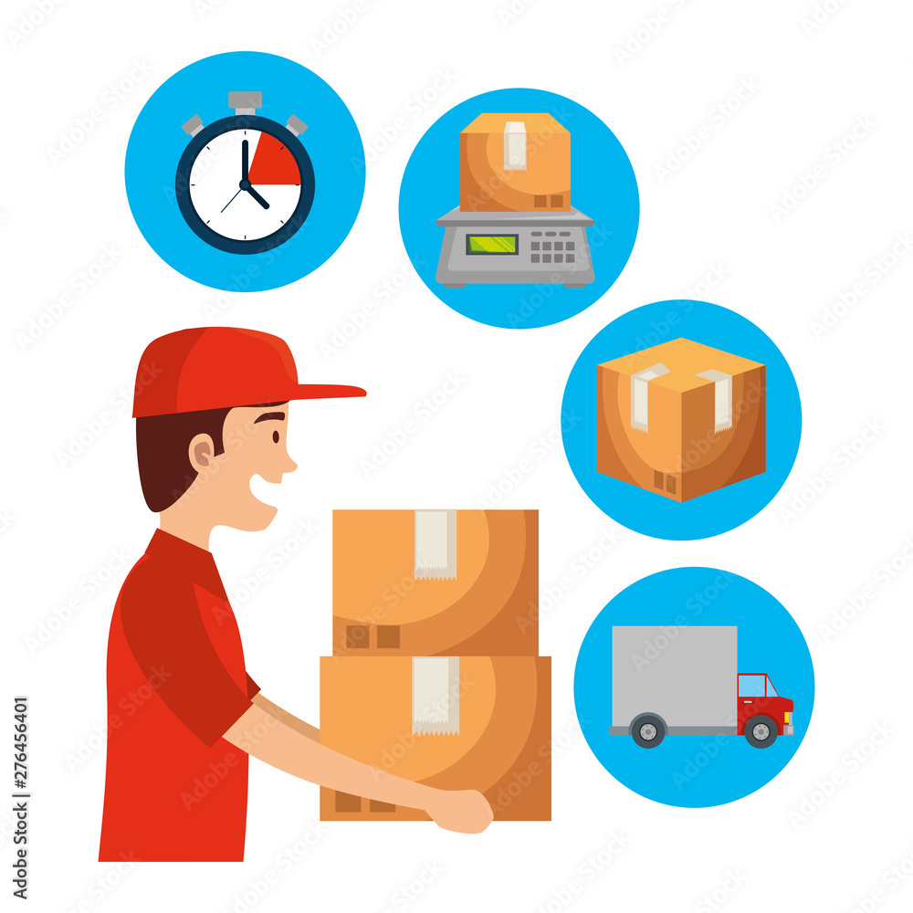 Poster worker of delivery service lifting boxes and set icons