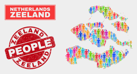 Demographic Zeeland Province map abstraction. People color mosaic Zeeland Province map of humans, and red round corroded watermark. Vector collage for national community presentation.