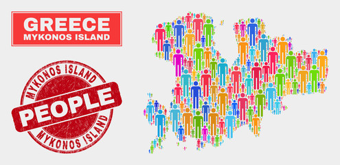 Demographic Mykonos Island map abstraction. People colorful mosaic Mykonos Island map of persons, and red rounded scratched stamp seal. Vector composition for nation group representation.