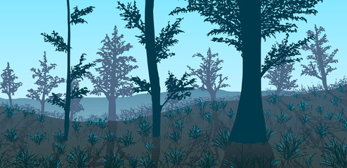 Vector forest with grass in fog