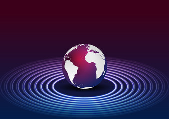 Blue purple globe and neon circles tech background
