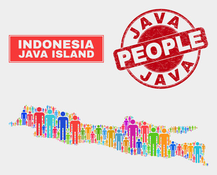 Demographic Java Island map illustration. People bright mosaic Java Island map of guys, and red rounded dirty watermark. Vector collage for population public presentation.
