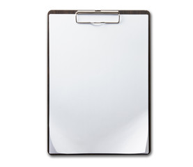 Brown wood grain clipboard with sheets of paper and  slightly folded corner as in real world use.  Isolated on pure white.