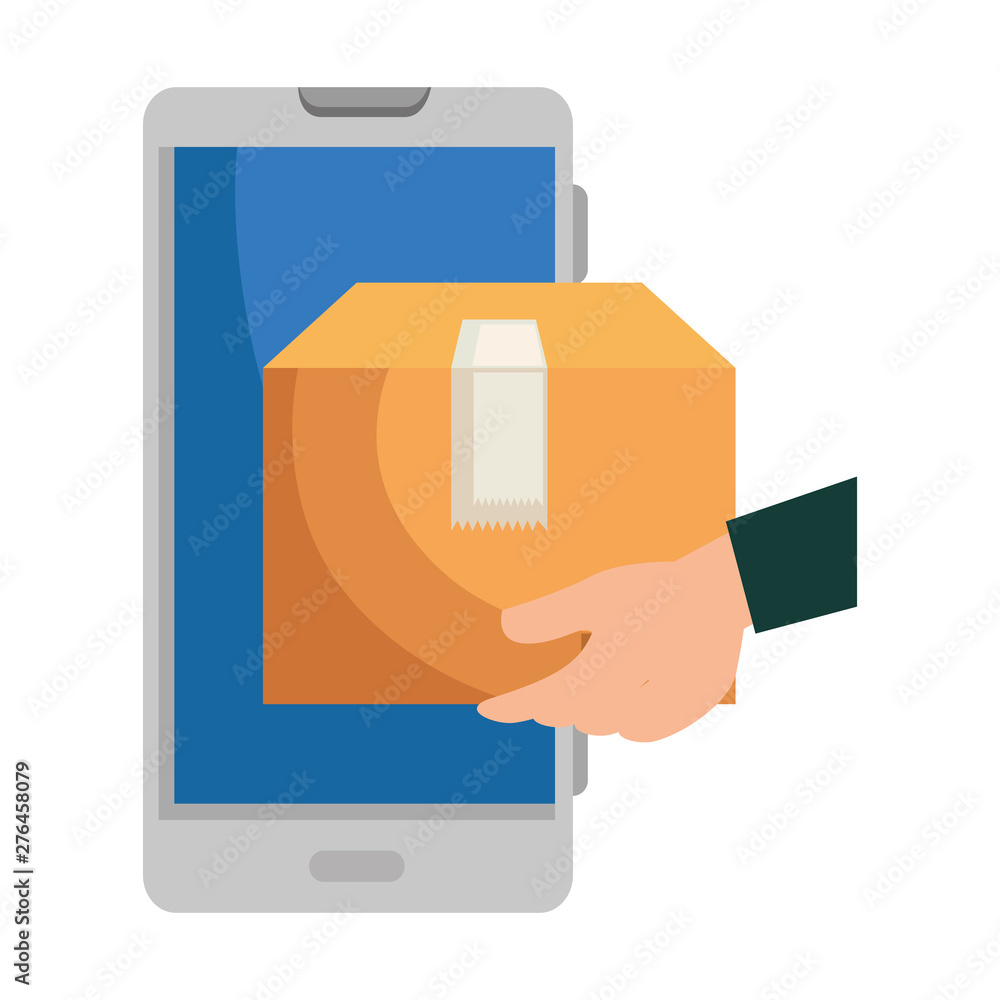 Poster hand using smartphone with delivery box app