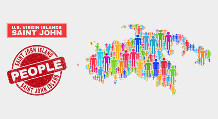 Obraz premium Demographic Saint John Island map abstraction. People bright mosaic Saint John Island map of men, and red rounded corroded stamp seal. Vector collage for population public presentation.