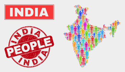 Demographic India map illustration. People color mosaic India map of men, and red rounded dirty stamp seal. Vector combination for nation community plan.