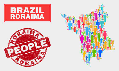 Demographic Roraima State map abstraction. People color mosaic Roraima State map of men, and red round corroded seal. Vector collage for national community presentation.