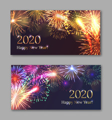 New year festival party invitation templates with bright fireworks series. Celebratory template with realistic dazzling display of fireworks on dark sky vector illustration. Winter season holiday