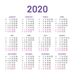 Simple traditional calendar layout for 2020 year. English light template with basic dates grid on white background. Week starts from Monday. Annual calendar design for printing vector illustration.