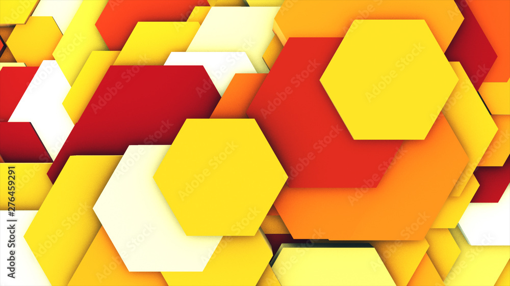 Poster 3d render abstract colorful many technical geometric hexagons as a wave yellow and orange background