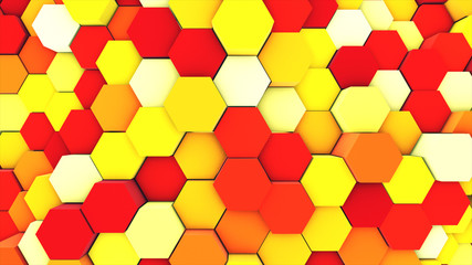 3d render abstract colorful many technical geometric hexagons as a wave Yellow and orange background. lights ray shine glow beam