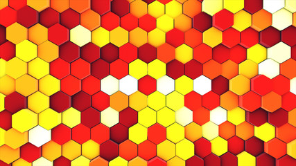 3d render abstract colorful many technical geometric hexagons as a wave Yellow and orange background. lights ray shine glow beam