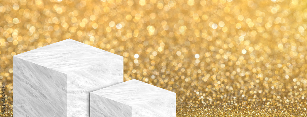 Aufkleber Product display stand made from white glossy marble in two step on gold bokeh sparkle background have copy space for display of content or design,Banner for advertise product on website,3d renderig.