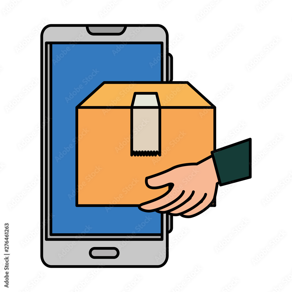 Poster hand using smartphone with delivery box app