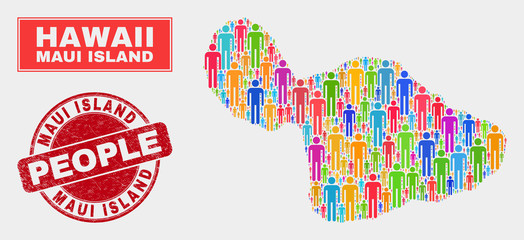 Demographic Maui Island map illustration. People bright mosaic Maui Island map of men, and red round dirty watermark. Vector collage for nation community plan.