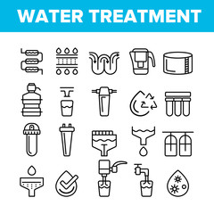 Water Treatment Vector Thin Line Icons Set. Water Treatment, Professional Equipment for Purification Linear Pictograms. Antibacterial Filters, Liquid Cleaning Circles System Contour Illustrations